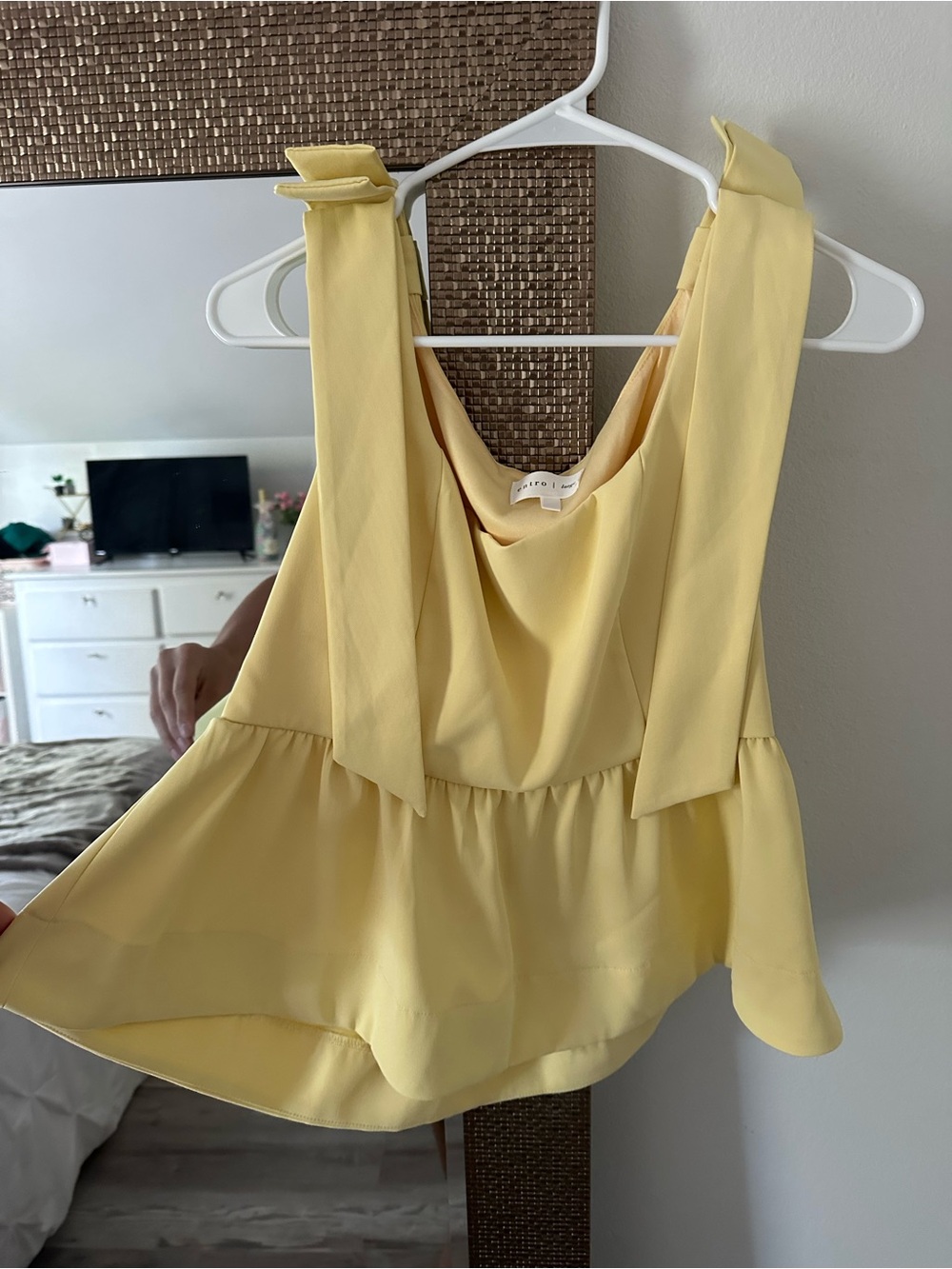 Boutique Light Yellow Tie-Shoulder Peplum Tank Top